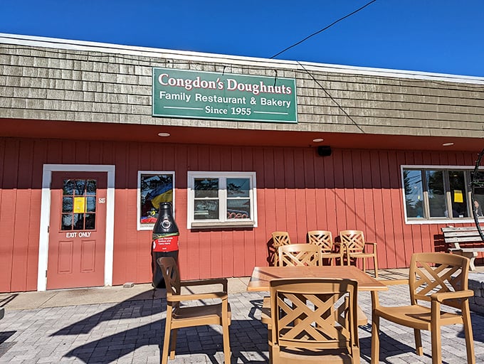 Wooden chairs outside invite you to sit and savor. But let's be honest, their doughnuts won't last that long!