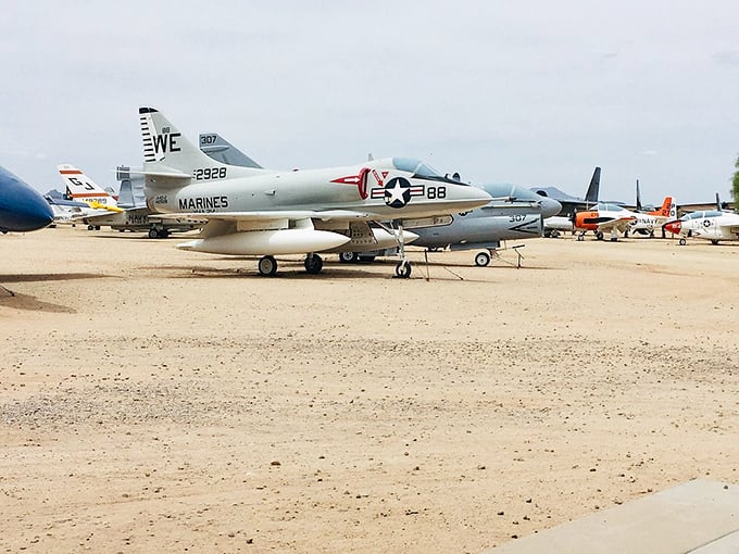 Fighter jets lined up like eager students on the first day of school. Each one has a story that could fill a Hollywood blockbuster.