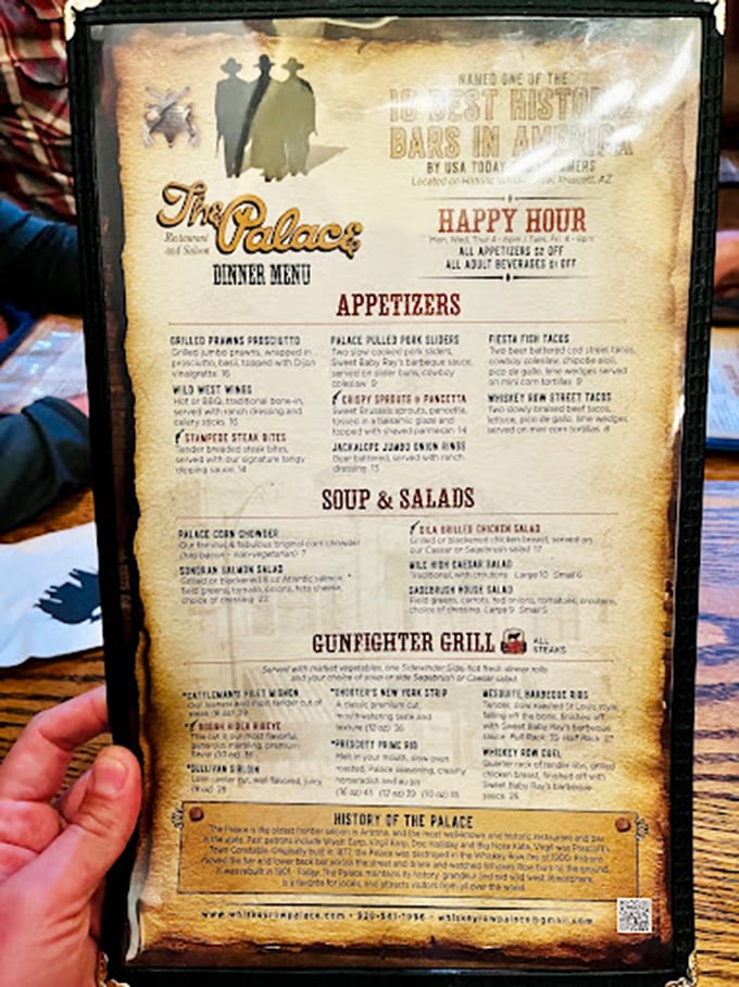 Gunfighter grill or sarsaparilla sipper? This menu's got more choices than a quick-draw duel has bullets. Better come hungry... and thirsty!