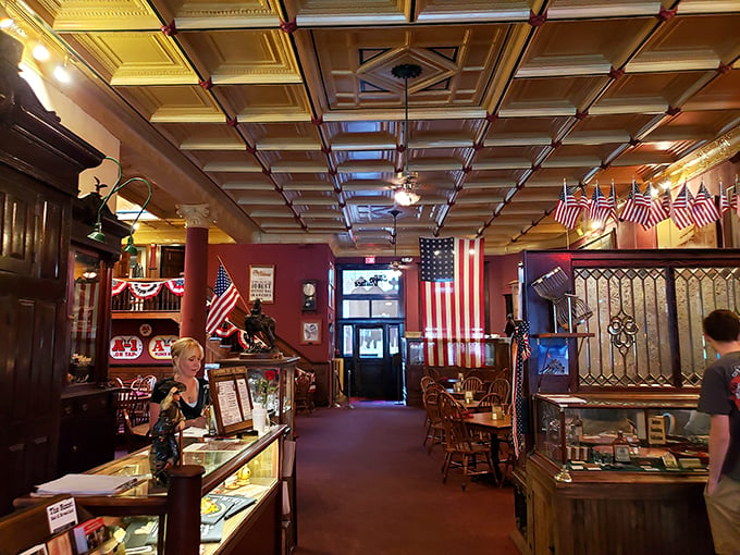 Stars and stripes forever! Inside, it's a patriotic party where the ceiling could double as Uncle Sam's Sunday best. History never looked so star-spangled fabulous!