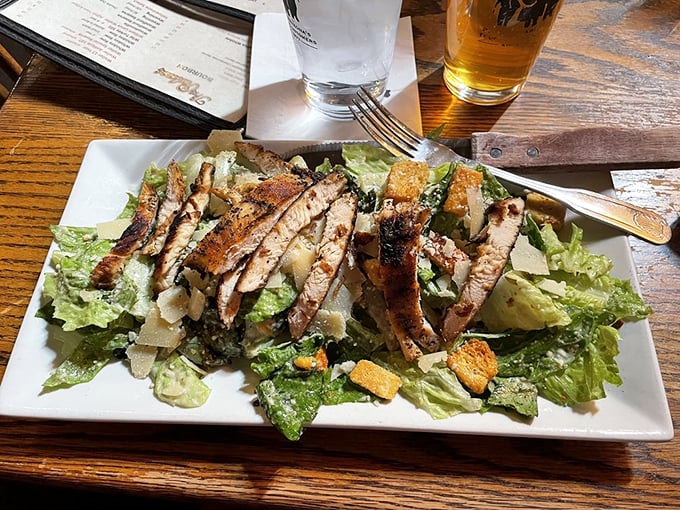 Who says cowboys don't eat their greens? This Caesar salad's got more kick than a ornery mule. Et tu, Brute? More like, et two, please!