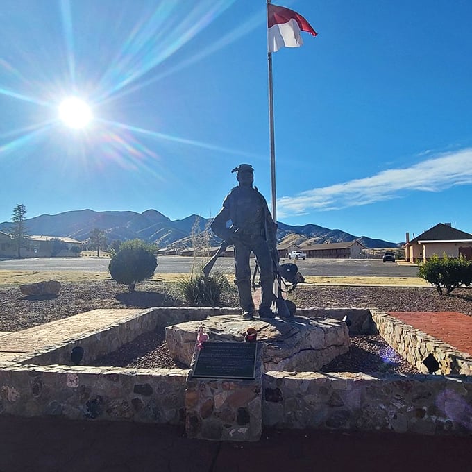 Standing tall and proud, like me after finishing a large pizza. This statue reminds us of Arizona's rich history and resilient spirit.