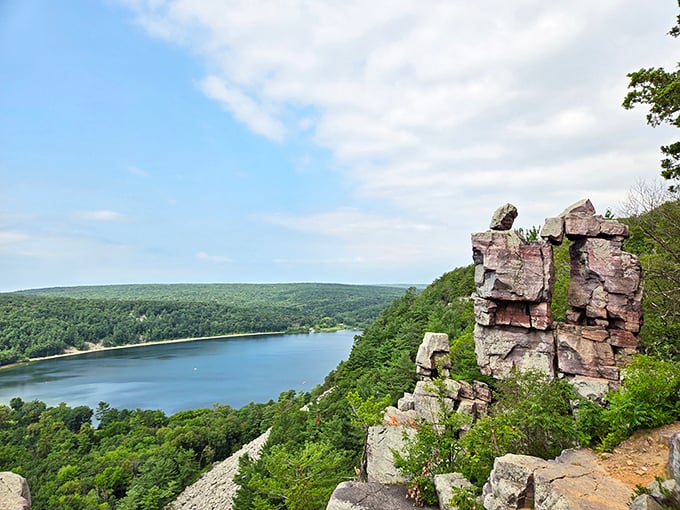 Cruise to new heights as you explore these quartzite cliffs overlooking a pristine lake.