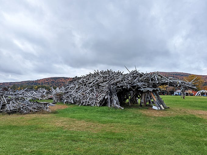 Who needs fossil fuels when you've got a wooden dinosaur? This scrap-tacular sight is fueled by pure imagination.