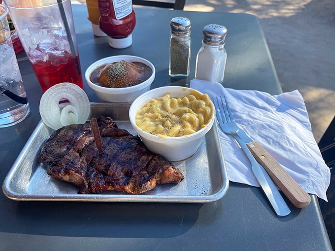 Holy cow! This steak's so big it needs its own zip code. Paired with creamy mac and mashed potatoes, it's comfort food heaven.