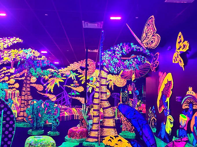 Neon dreams and putting greens. This mini-golf course is what happens when Alice's Wonderland meets Las Vegas.