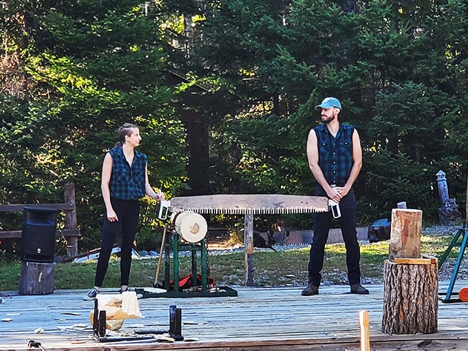 Flannel fashion show meets Olympic sport. These lumberjacks make sawing look smoother than a fresh jar of peanut butter.