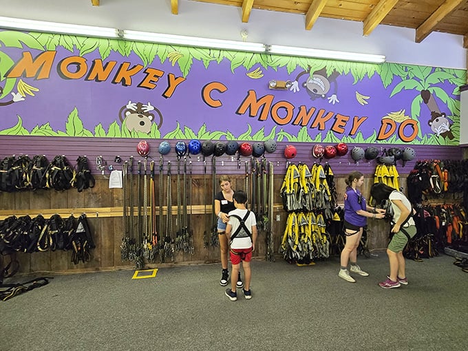 Gear up for greatness! This equipment wall is like Batman's utility belt, but for tree-climbing enthusiasts. No bat-signal required.