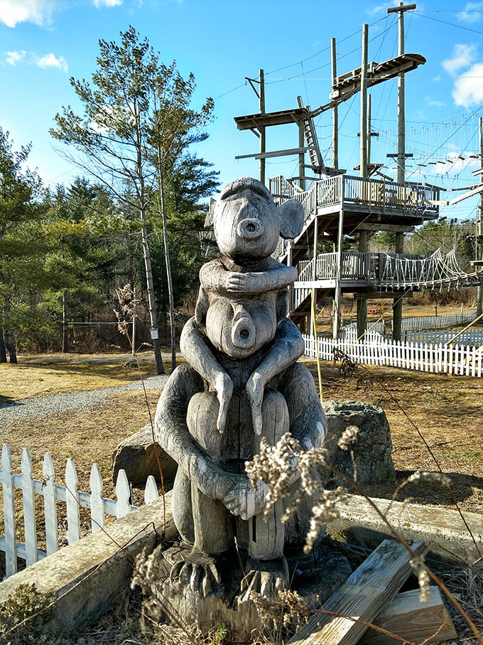 Meet the park's unofficial greeter! This wooden sculpture is the strong, silent type – perfect for a congratulatory hug after conquering your fears.