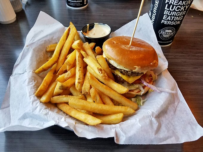 The star of the show! This Freakin' Burger is ready for its close-up, Mr. DeMille. It's got more layers than an onion... and it'll make you cry tears of joy.