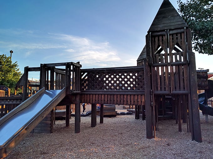 Towers and bridges and slides, oh my! This wooden wonderland is what happens when tree houses have babies. Splinter-free fun for all!