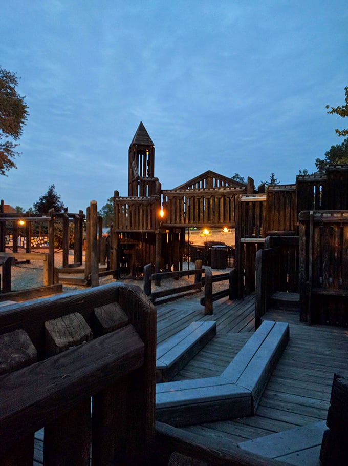 As night falls, the playground transforms into a magical realm. It's like Hogwarts for muggles – no wands required, just imagination!