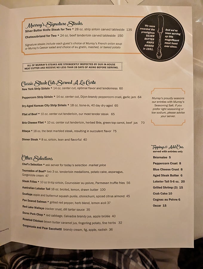 Decisions, decisions! Murray's menu is a carnivore's dream, offering cuts that would make even Ron Swanson weak in the knees.