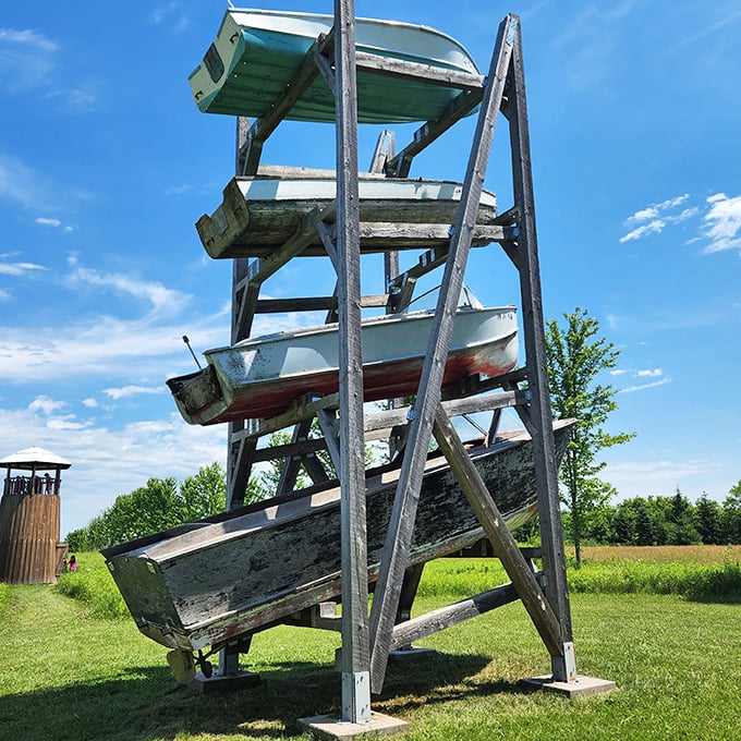 "Boat-stacking: the new Minnesota extreme sport?" This nautical sculpture gives 'dry dock' a whole new meaning, perfect for landlocked sailors.