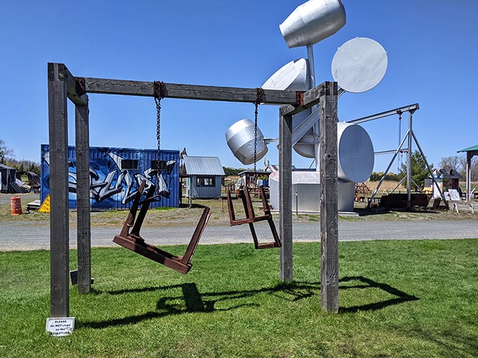 "Swing into the surreal." This playful installation proves that even in the art world, it's okay to hang loose and have a little fun.