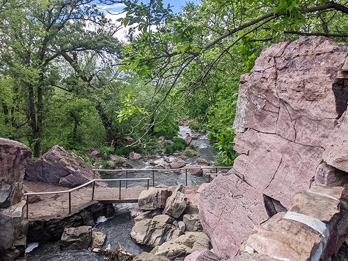 Bridge over not-so-troubled waters. This serene crossing feels like stepping into a Bob Ross painting – happy little trees included.