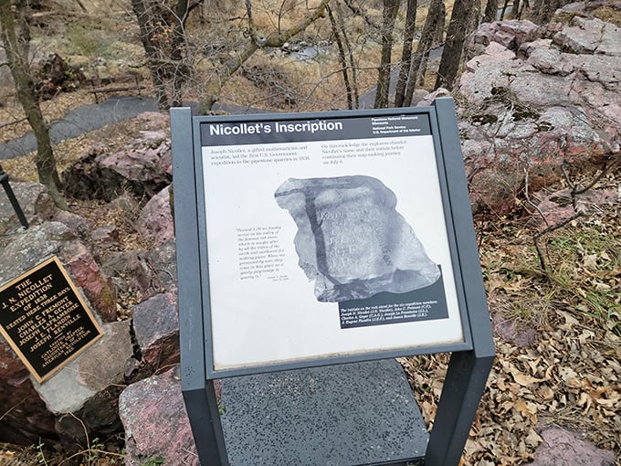 History lesson or treasure map? This sign's got the scoop on Nicollet's Inscription. Indiana Jones would approve of this adventure.