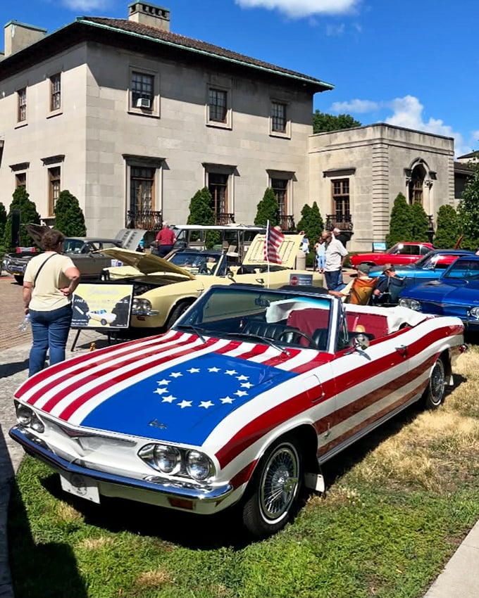 It's like Comic-Con for car enthusiasts! That star-spangled Corvair is more American than apple pie on the Fourth of July.