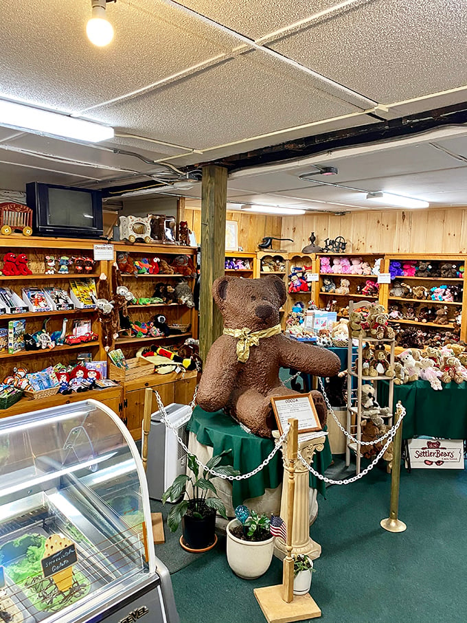 Who says teddy bears are just for kids? This cuddly chocolate ambassador stands guard over a wonderland of plush pals. It's a bear necessity for any chocolate lover's visit!