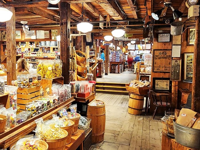 Wooden beams, barrels, and bounty galore! This aisle is a treasure trove of nostalgia that would make even Indiana Jones swoon.