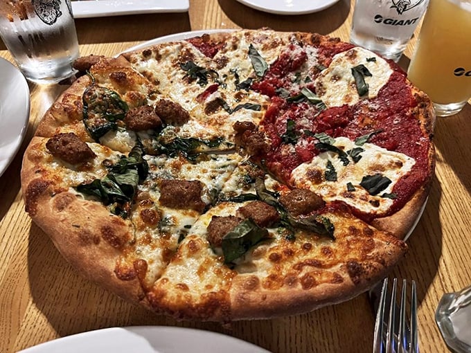 Pizza perfection in three acts: sausage, spinach, and sauce. It's a flavor performance worthy of a standing ovation.