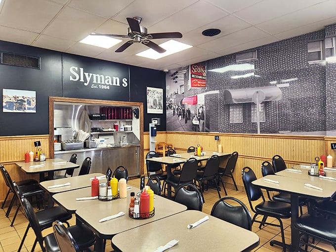 Where sandwich legends are born. Slyman's dining area is a temple of taste, complete with a wall-sized slice of Cleveland history.