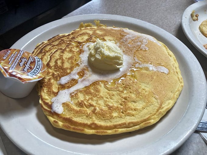 Pancake perfection achieved! This golden disc of deliciousness, crowned with a melting pat of butter, is fluffier than a cloud in cartoon heaven.