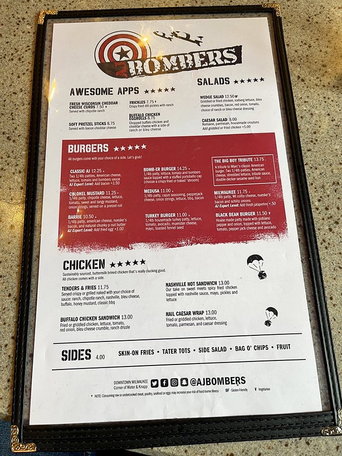 Decisions, decisions! AJ Bombers' menu is a treasure map of taste, guiding you to your next favorite meal.