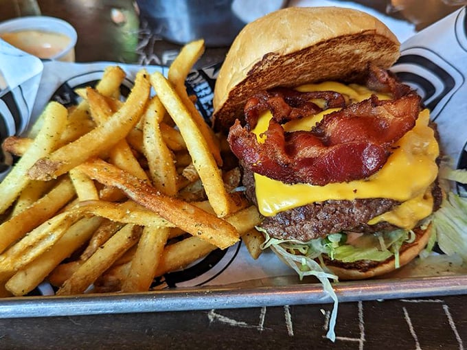 The classic, perfected. AJ Bombers' bacon cheeseburger and fries are a timeless duet that never goes out of style.