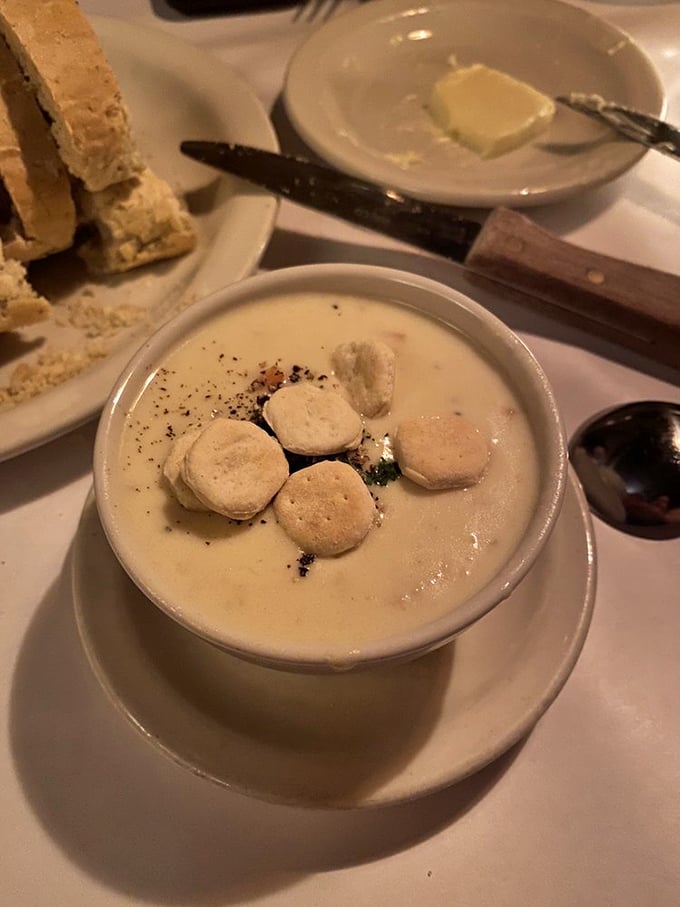 Clam chowder that's thicker than plot twists in a soap opera. Each spoonful is a creamy embrace for your taste buds.