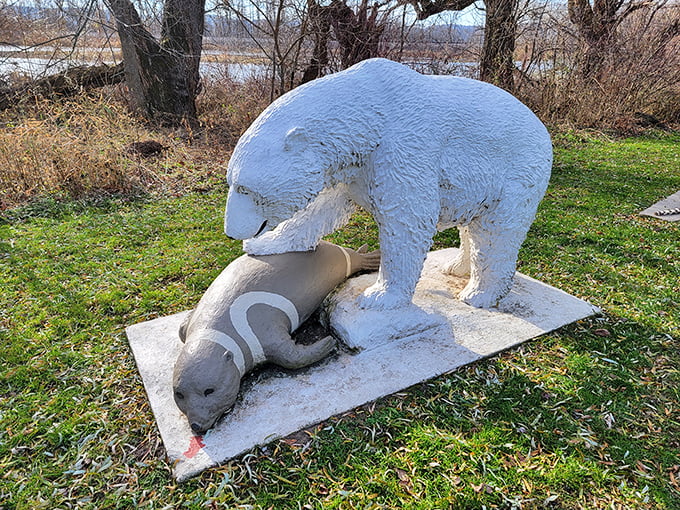 Polar bear meets seal in a frosty tango. Who knew Wisconsin could make the Arctic look so... cuddly?