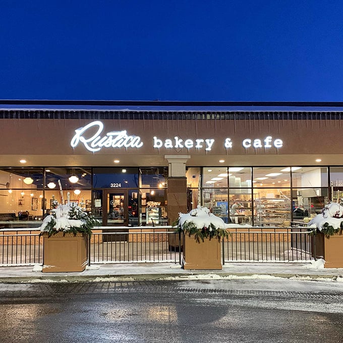 By day, artisanal bakery. By night, twinkling beacon of buttery hope. Rustica shines in every season. 