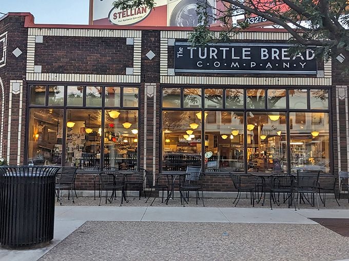 Warm glow, inviting windows, heavenly aromas. It's not heaven, it's Turtle Bread Company at sunset.