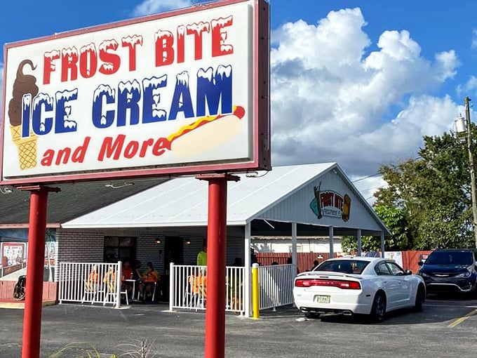 Frostbite's sign promises ice cream "and More." Spoiler alert: the "More" includes a heaping helping of small-town charm and retro vibes.