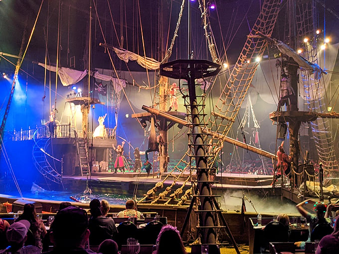 Swashbuckling acrobats, hearty grub, and a ship indoors? It's dinner and a show, pirate style!