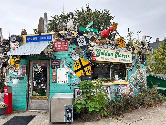 Blink and you might miss it! Golden Harvest's exterior is a riot of color and kitsch, promising a dining adventure as wild as its decor.