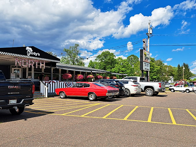 Time-travel never tasted so good! Gordy's neon sign beckons you to a burger paradise straight out of the fabulous '50s.