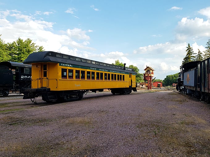 All aboard the time machine! This sunny yellow carriage is ready to whisk you away to the golden age of rail travel.