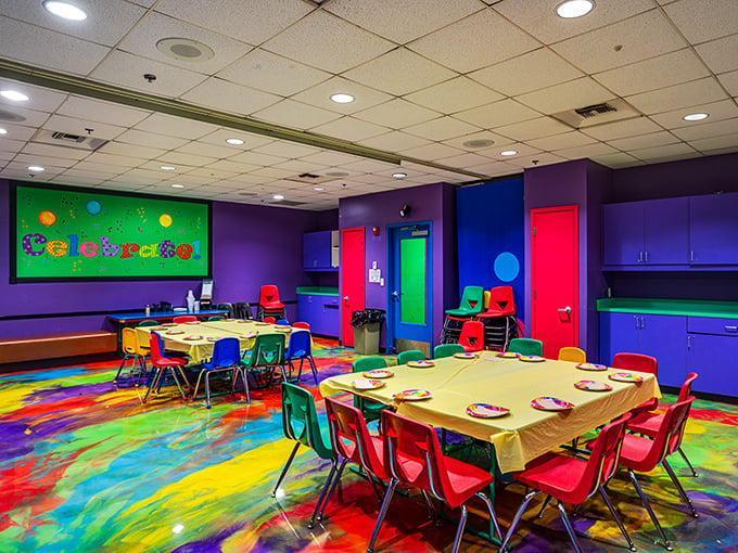 Technicolor dream room or party central? This vibrant space is where birthdays become legendary and sugar rushes reach new heights.