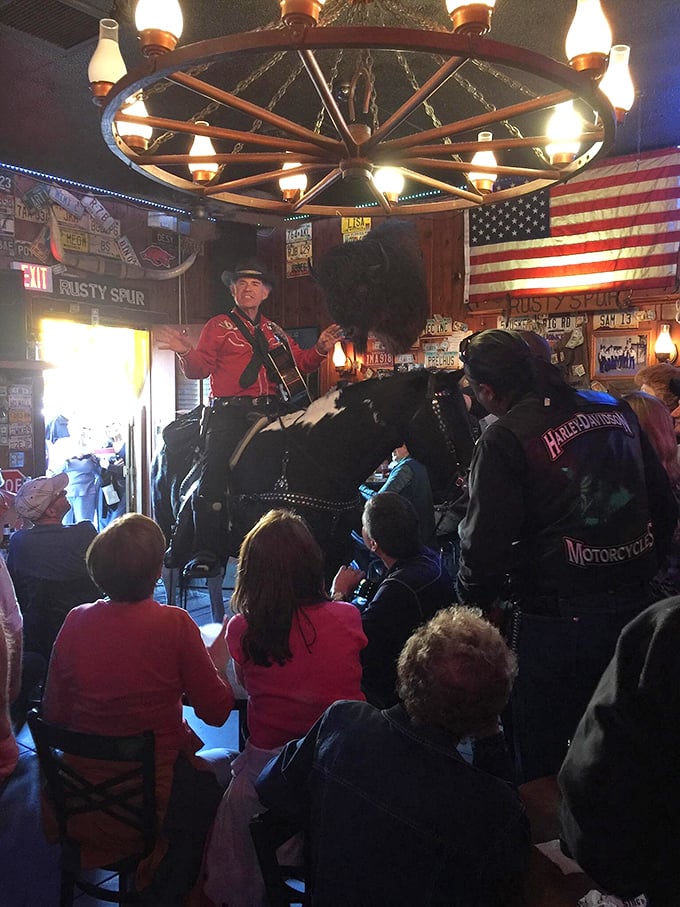 Hold your horses! Is that a genuine cowpoke on a steed? Indoor rodeos are clearly the next big thing. Talk about horsing around!