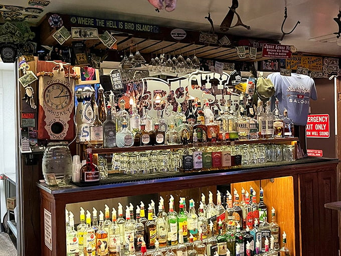 Bottles shinier than a new pair of spurs! This bar's stocked better than a prairie general store. Liquid courage, anyone?