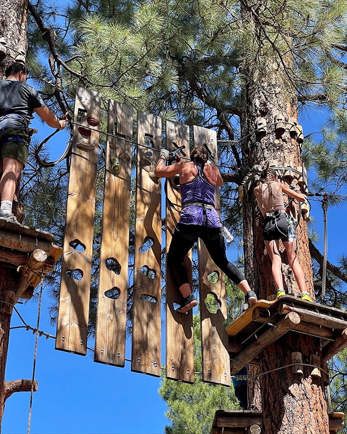 Vertical Twister, anyone? These adventurers are playing a game of "don't look down" while scaling this tricky wooden wall.