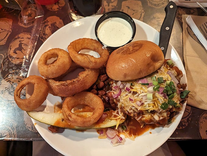 Onion rings as big as a cowboy's belt buckle! This plate's got more circles than a rodeo corral.