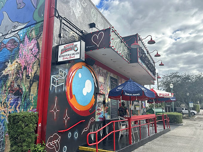 Who needs a time machine when you've got this groovy entrance? The colorful mural practically screams "Come in and play!" to passersby.