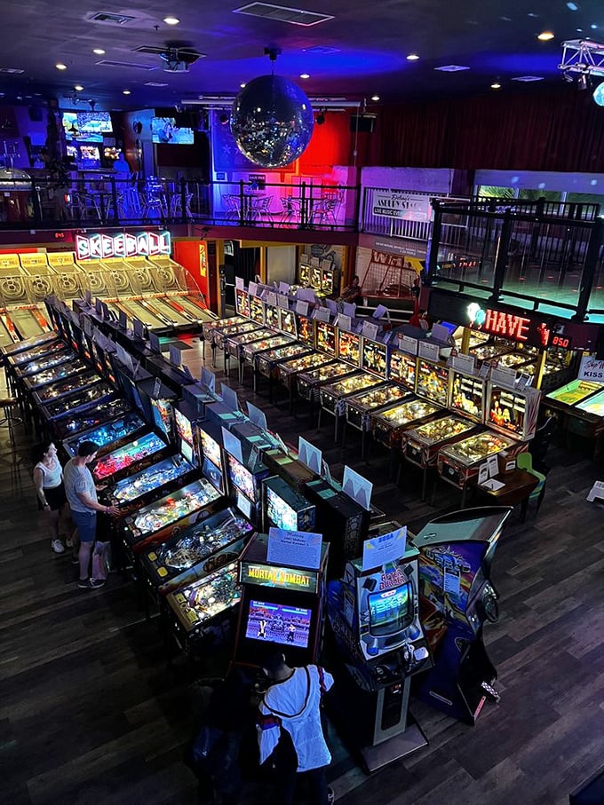 Disco meets digital in this two-story temple of fun! The giant mirror ball adds a touch of Saturday Night Fever to your Pac-Man fever.