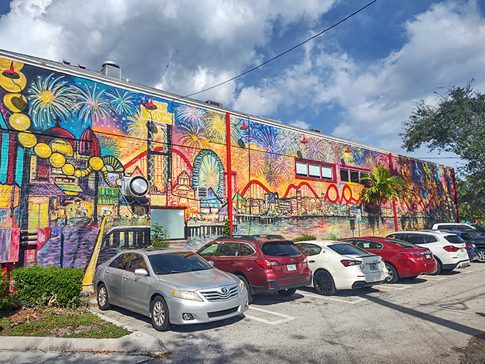 Even the parking lot's got game! This mural turns waiting for a spot into a feast for the eyes – talk about leveling up your curb appeal.