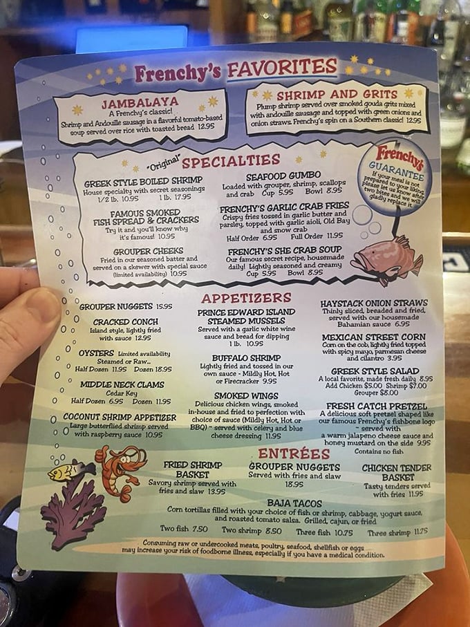 Decisions, decisions! Frenchy's menu is a treasure map of oceanic delights. Pro tip: close your eyes and point – you can't go wrong!