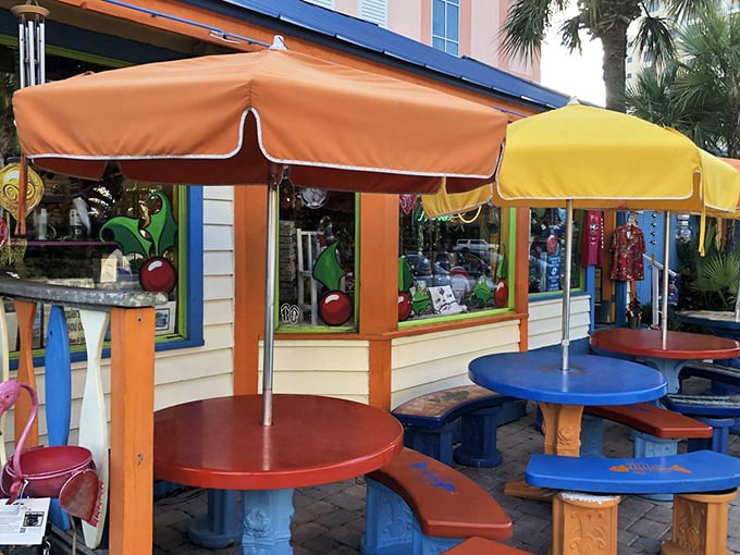 Taste the rainbow... of umbrellas! Frenchy's outdoor seating is a kaleidoscope of colors, perfect for soaking up sun and seafood in equal measure.