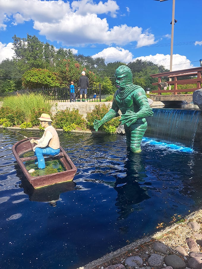 "Talk about a fish out of water! This swamp creature seems more interested in making friends than scaring folks. Maybe he's just looking for his princess?"