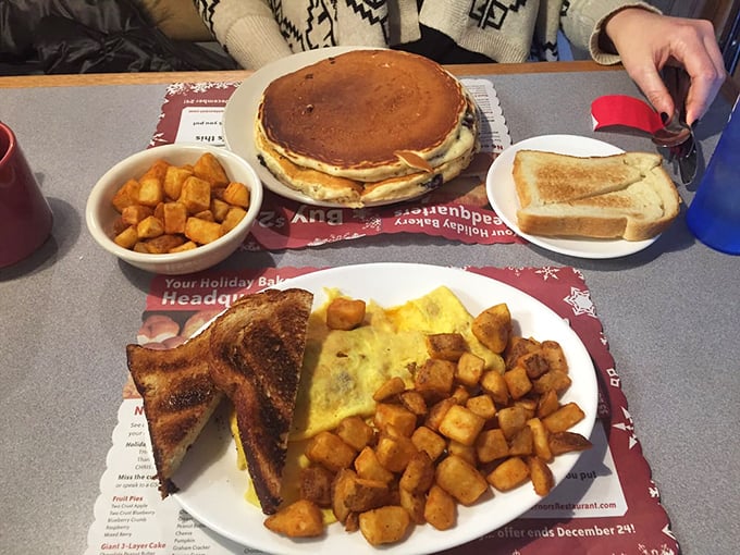 Pancakes the size of frisbees? Check. Eggs sunny-side up? You bet. This breakfast spread is what dreams are made of, folks.